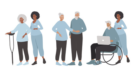 vector illustration in a flat style - a set of pictures on the theme of the elderly