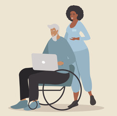 vector illustration in flat style  - an elderly man who uses a wheelchair and a nurse