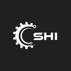 SHI letter technology logo design on black background. SHI creative initials letter IT logo concept. SHI setting shape design.
