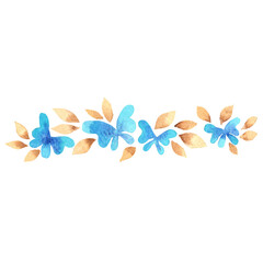 Obraz na płótnie Canvas Blue Butterfly with brown leaves border watercolor for decoration on wedding and Autumn seasonal.