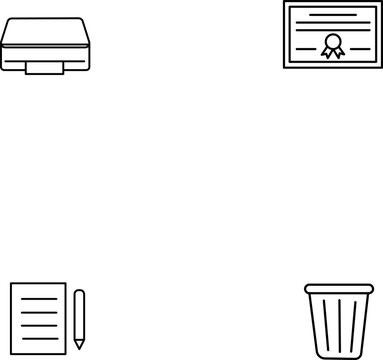 vector line icons of office equipment, printer, charter or certificate, document and simple trash can suitable for any purpose. Web design, mobile app.