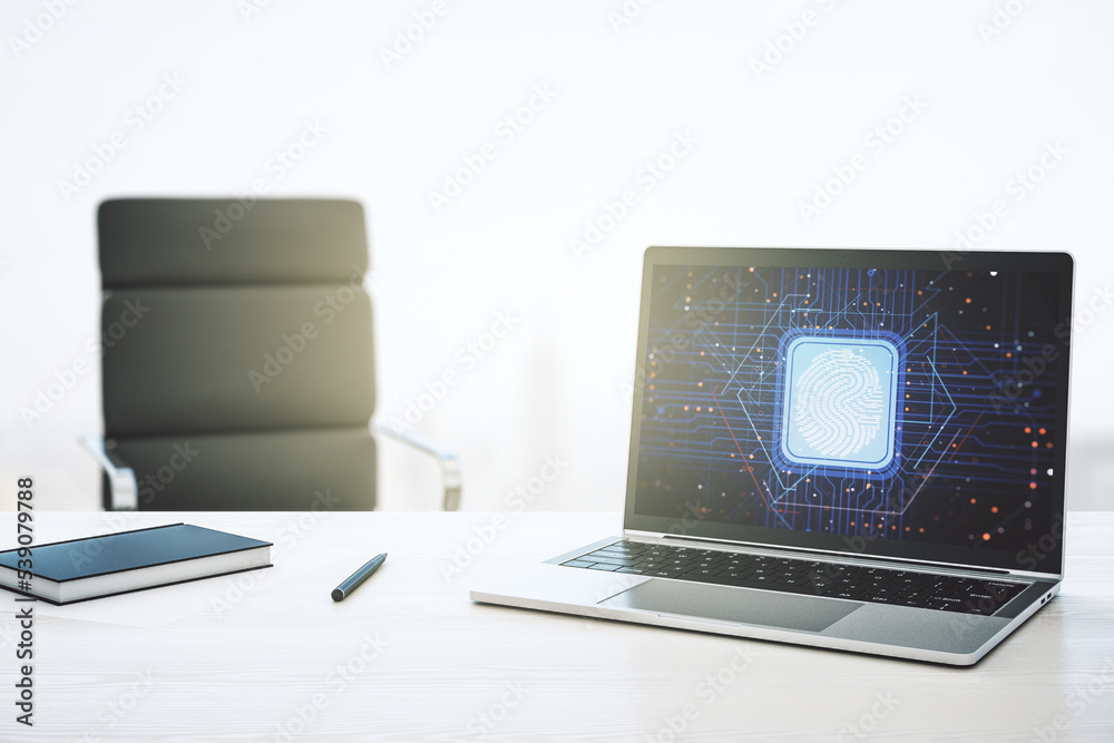 Fototapete Computer monitor with abstract creative fingerprint illustration, personal biometric data concept. 3D Rendering
