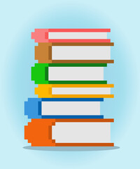 8 bit pixel book stack, in vertical view. for game assets and cross stitch patterns in vector illustrations.