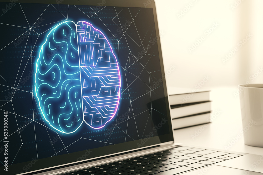 Poster creative artificial intelligence concept with human brain hologram on modern laptop screen. 3d rende