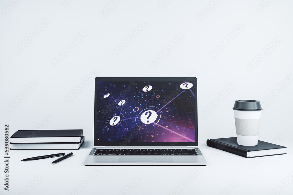 Aufkleber Creative concept of question mark illustration on modern laptop screen. FAQ and search concept. 3D Rendering