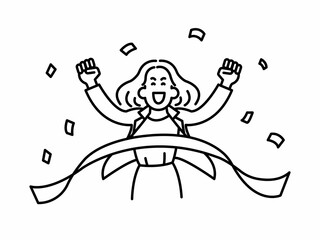 ゴールテープを切る女性のイラスト　線画のみ