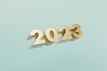 Extruded gold numbers 2023 new year on blue background 3d render.