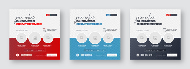 Online Business Conference live webinar banner invitation and social media post template design. Business webinar, business workshop, marketing program, job fair, online class & meeting banner design.