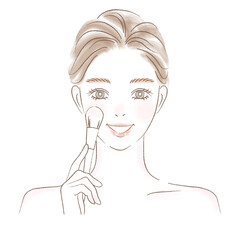 メイクブラシを頬に当てる笑顔の女性きれいめイラスト