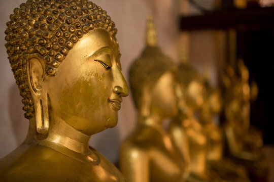 Close-up shot face of golden buddha statue sit in row at buddhist hall and focus in front of the image and blur background.