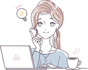 ひらめく女性　在宅ワーク　仕事　ノートパソコン　ノートpc　フリーランス　イラスト素材