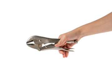 Hand holding locking pliers isolated on transparent background