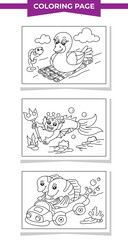Naklejka premium Coloring pages cartoon duck and fish vector illustration
