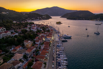 Fototapeta premium Panoramic view during sunset of the picturesque village Vathy the capital of Ithaca island, Ionian, Greece