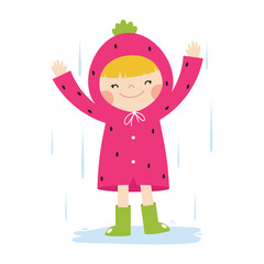 Little Girl In Strawberry Raincoat Rainy Day