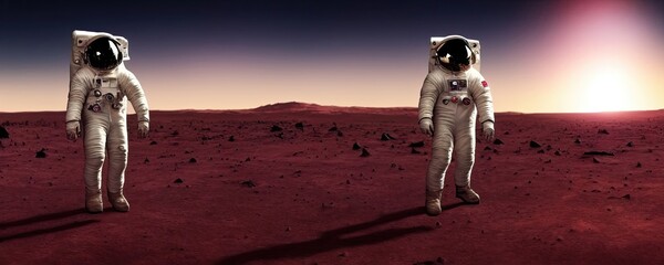 Astronaut on Mars, Spaceman Standing on the Rocky Alien Red Planet of Mars, Exploration of the First Manned Mission to Mars, Space Colonization, digital illustration