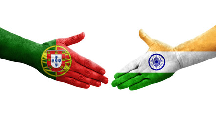 Handshake between India and Portugal flags painted on hands, isolated transparent image.