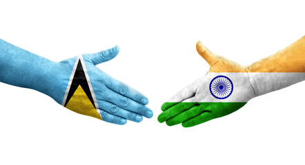 Handshake between India and Saint Lucia flags painted on hands, isolated transparent image.