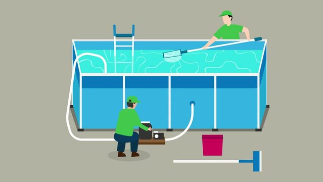 Two workers cleaning swimming pool