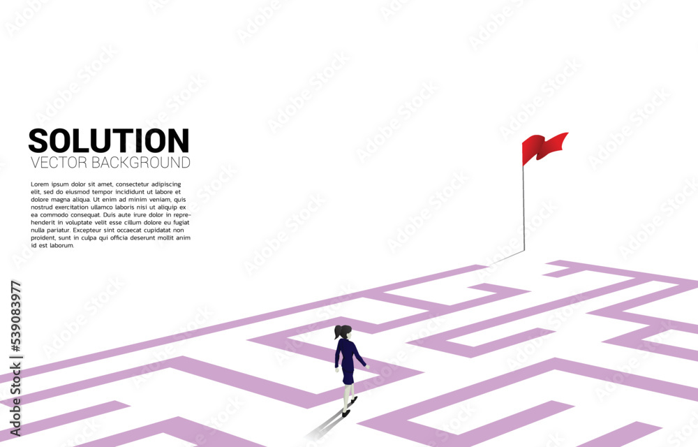 Poster Silhouette of businesswoman with route path to exit the maze. Business concept for problem solving and finding idea.