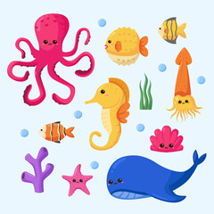 Doodle sea life fish animal collection set decoration for education element