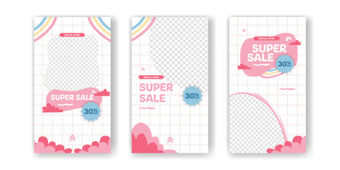 Super Sale offer promotion social media stories template for discount for kid children baby with cute kawaii abstract with memphis element