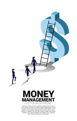 Silhouette of businesswoman and businessman standing with ladder and 3D dollar icon. Concept of success investment and growth in business