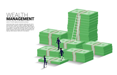 Silhouette of businesswoman and businessman standing with stack of banknote and ladder. Concept of success investment and growth in business
