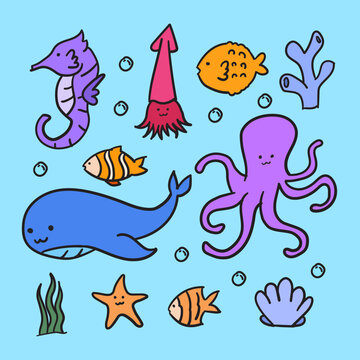 handdrawn Doodle sea life fish animal collection set decoration for education element