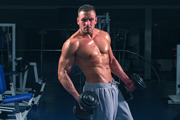 Fototapeta na wymiar Muscular bodybuilder doing exercises with dumbbells in gym. Sporty lifestyle.