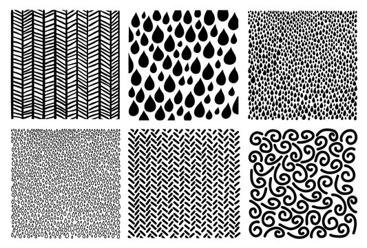 Abstract hand drawn geometric simple minimalistic patterns set. Drops, stripes, lines, squiggles, random symbols textures. Vector illustration