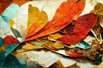 Autumn and winter change of season concept, elegant vintage ornament dried flowers and fall leaves, digital art