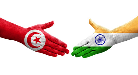 Handshake between India and Tunisia flags painted on hands, isolated transparent image.