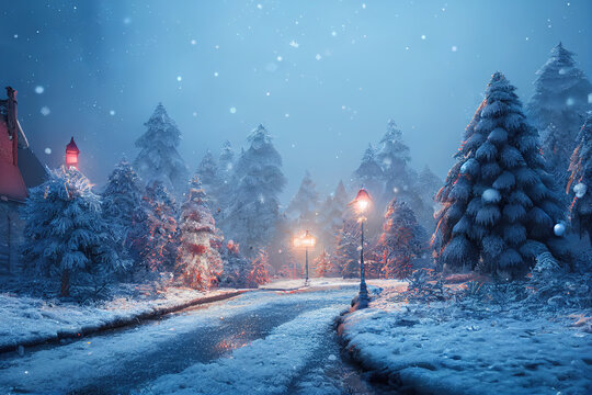 Fabulous and festive illuminated Christmas landscape in the snow, digital illustration