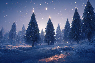 Fototapeta na wymiar Fabulous and festive illuminated Christmas trees in the snow, digital illustration