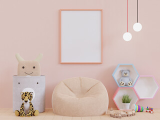 3D mockup photo frame in chidren room rendering