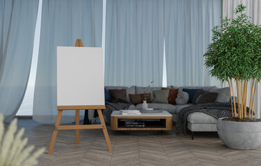 3D mockup blank photo frame on tripod in living room rendering