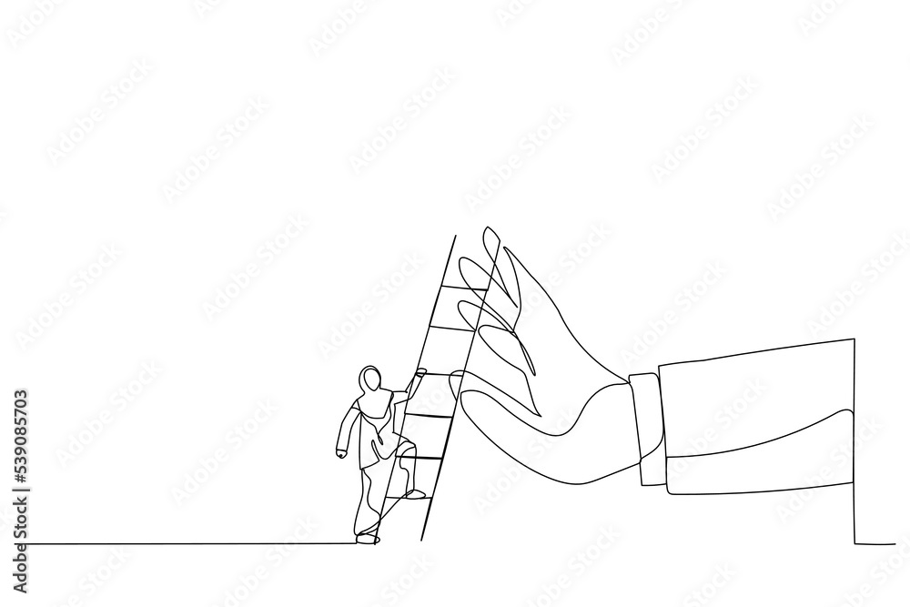 Wall mural drawing of arab businesswoman about to climb up ladder to overcome giant hand stopping him. metaphor