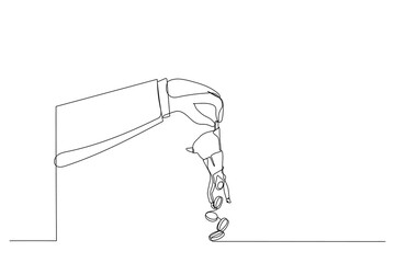 Illustration of greed hand hold muslim woman shaking to get all their money. Metaphor for tax hike, government increase tax or steal money from people. Single line art style