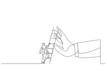 Drawing of arab businesswoman about to climb up ladder to overcome giant hand stopping him. Metaphor for overcome business obstacle, barrier or difficulty. Single continuous line art style