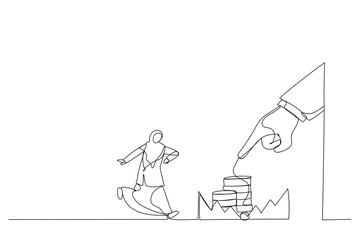 Cartoon of arab businesswoman running to catch the coin money in the steel bear trap. Metaphor for greed, financial risk and bad decision. One continuous line art style