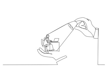 Drawing of big hands holding arab woman and lighting on the top, metaphor for control, support and coordination. Single continuous line art style