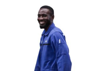 Portrait of happy african american male engineer wear uniform on transparent background