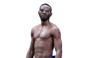 Portrait of male engineer take off safety uniform and show muscles body on transparent background