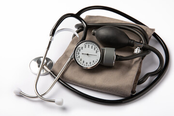 Gray tonometer isolated on white background. Medical equipment blood pressure monitor. Healthcare. Place for text. Medicine concept. The concept of cardiology.