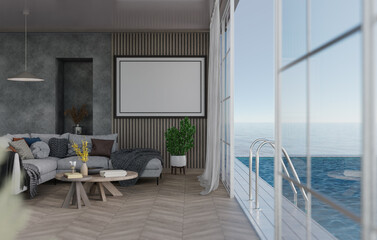 3D mockup blank photo frame in living room rendering