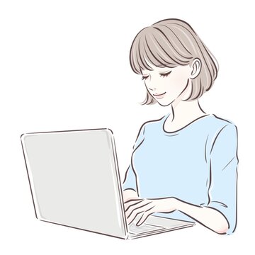 ノートパソコン / 作業する / 在宅 / リモートワーク / 仕事をする /女性のイラスト素材