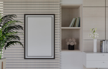 3D mockup blank photo frame in living room rendering