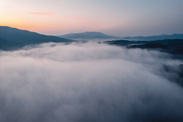 Morning fog and clouds in the hill forest