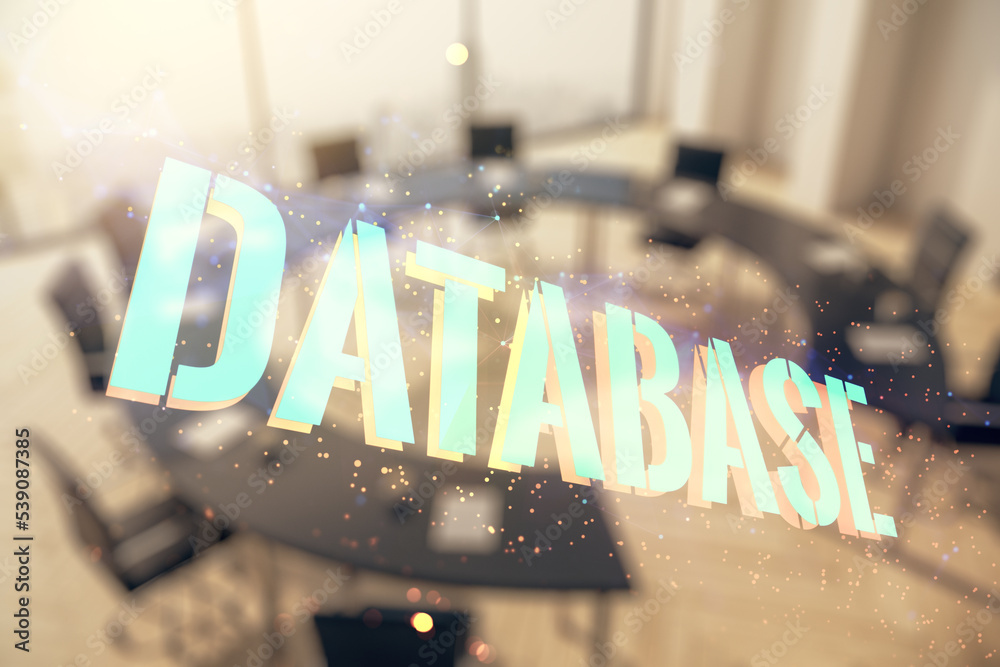 Aufkleber double exposure of database word sign on a modern conference room background, global research and an